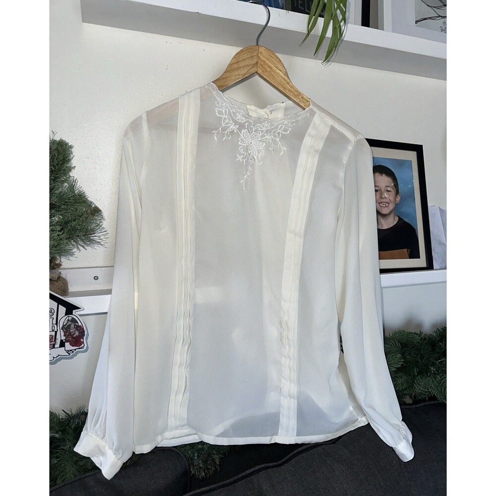 Vintage JC Penney Ivory Chiffon Blouse 12 Cottagecore Victorian Romantic